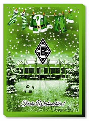 Schon jetzt bestellen - begrenzte Stückzahl vorrätig Adventskalender gefüllt offizielles Borussia M Gladbach Lizenzprodukt Masse: 35 x 25 x 1,5 cm Vor Wärme schützen Kühl und trocken lagern. -